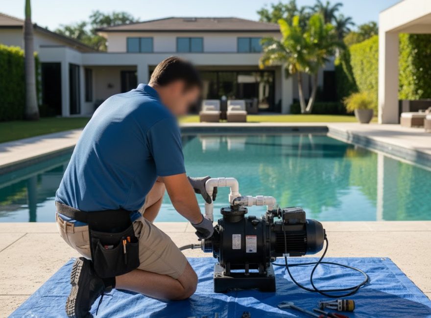 Technicien réparant une pompe de piscine avec outils