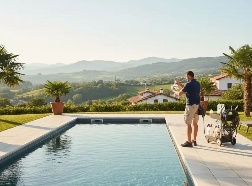 echnicien ALFA Piscine préparant une piscine pour la saison au Pays Basque