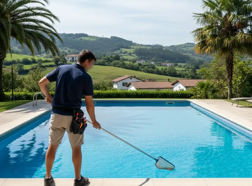 Technicien ALFA Piscine effectuant un entretien ponctuel d’une piscine au Pays Basque